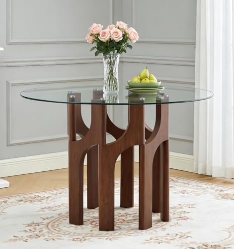 Round Dining Table,46 Inch Glass Kitchen Dining Room Table with Wooden Walnut...