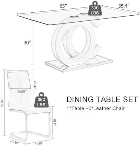 63'' Dining Table Set for 6,Modern Glass Dining Room Table Set for 6,...