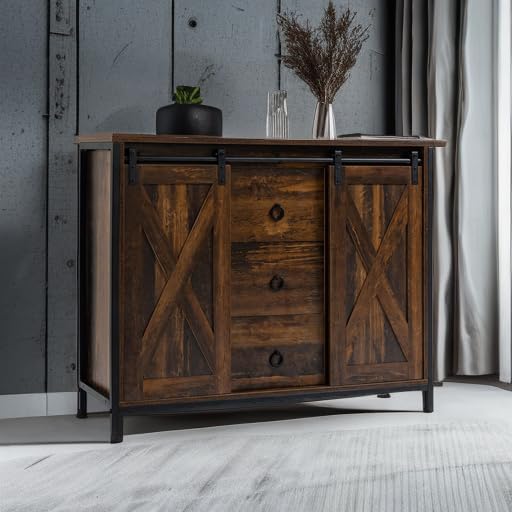 HOMCOM Industrial Farmhouse Buffet Cabinet, Kitchen Sideboard with Sliding Ba...