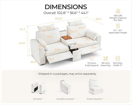 103" Modular Power Reclining Sectional 2 Seater Loveseat Sofa, Chenille ...