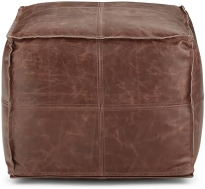 SIMPLIHOME Sheffield 18" Wide Square Genuine Leather Pouf in Brown | Dis...