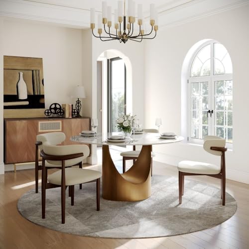 POVISON Round Dining Table Set, 47" Sintered Stone Dining Table with 4 D...