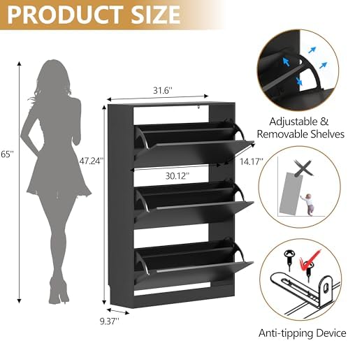 Narrow Shoe Cabinet for Entryway, Slim Shoe Storage Cabinet with 3 Flip Drawe...