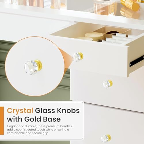 11 Drawers Glass Top Vanity Desk, Crystal Handles Makeup Vanity with Mirror a...