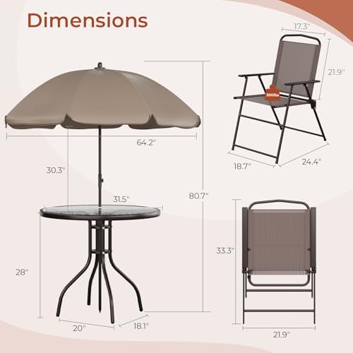 TLSUNNY 6 Pieces Glass Table and Folding Textilene Chairs with 65″ Umbrella