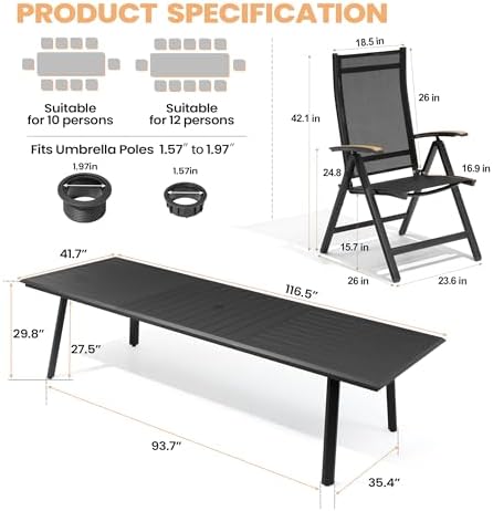 Pellebant 13PCS Outdoor Dining Set for 12, Aluminum Table & Foldable Chair