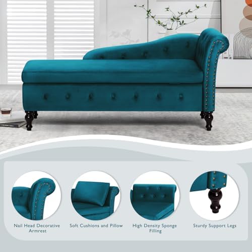 Velvet Chaise Lounge w/Right Armrest & Storage Space, Teal | Button Tufte...