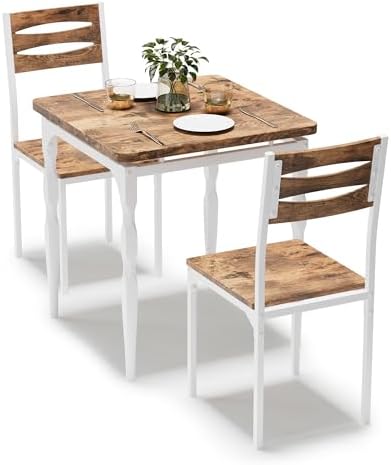 GarveeHome 3 Piece Dining Table Set, Kitchen Table Set for 2, White Brown | D...