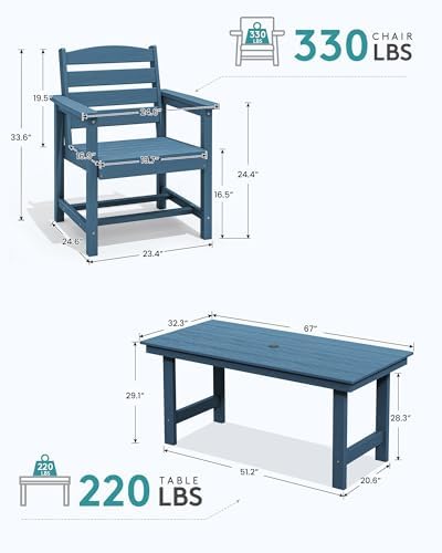 SERWALL 7 Pcs Outdoor Dining Set, 67" HDPE Dining Set for 6, Blue
