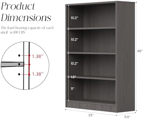 Farini 48 Inch Tall 4-Shelf Bookcase, Wood Bookshelf Storage Organizer Adjust...
