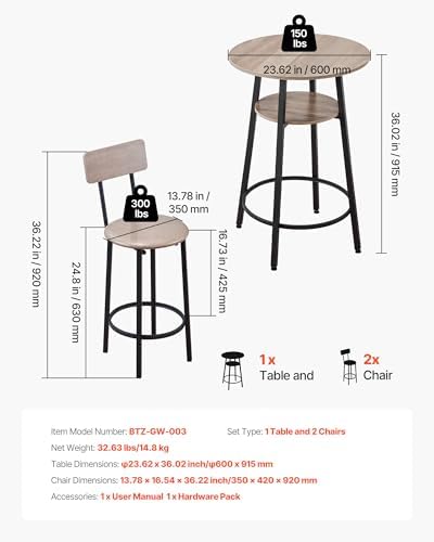 VEVOR Bar Table and Chairs Set, 3PCS 23.5″ Bars Tables Set with Rounded Corne...