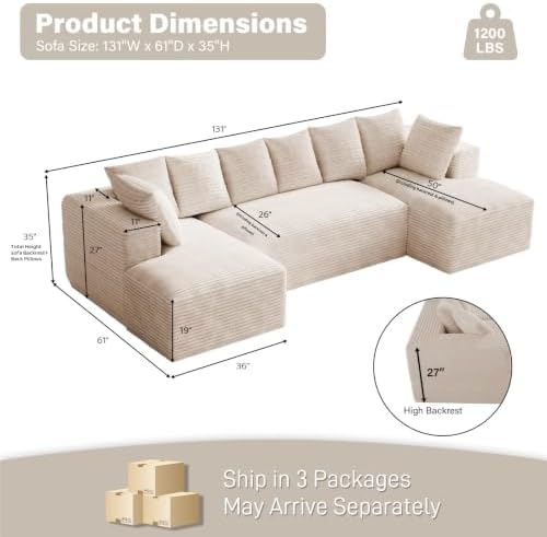 ONEMMLION 131" Oversized Cloud Couch Sofa with Chaise, Beige | Corduroy,...
