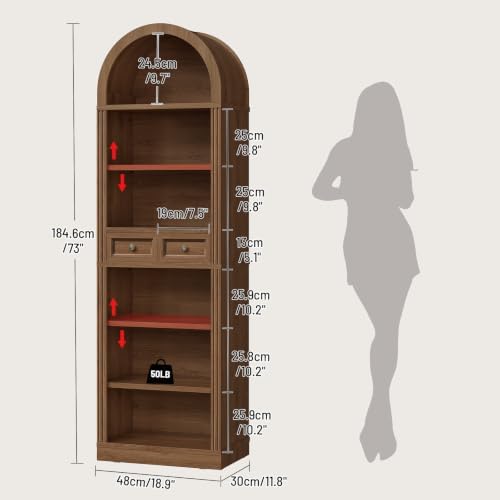 RALGEND Arched Bookshelf, 73" Tall Narrow Arch Bookcase with Drawer, 6-T...