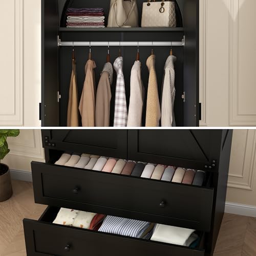 Gyfimoie Black Armoire Wardrobe Closet with 2 Drawers, 75" Wooden Wardro...