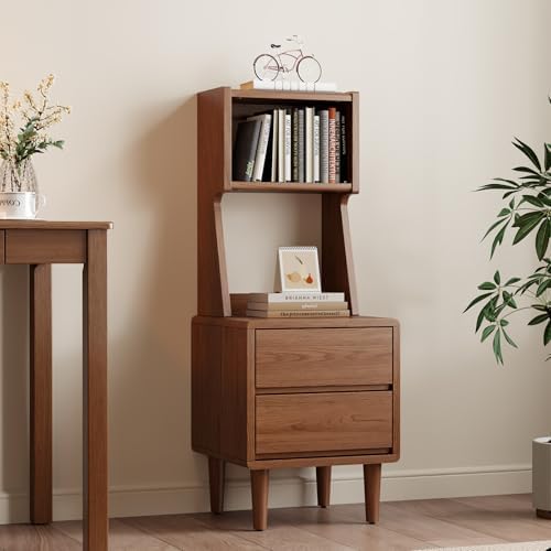 Solid Wood Bookshelf Nightstand Combo, Tall Nightstand with Bookshelf