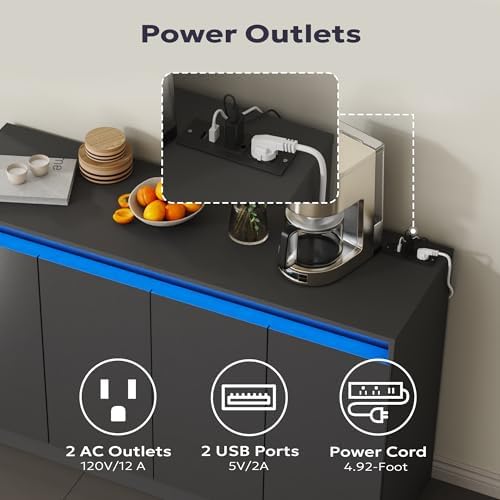 Furnify 51" W Buffet Cabinet with LED Lights & Charging Station, Grey
