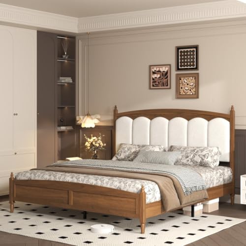 Queen Bed Frame Upholstered Headboard Farmhouse Platform No Box Spring