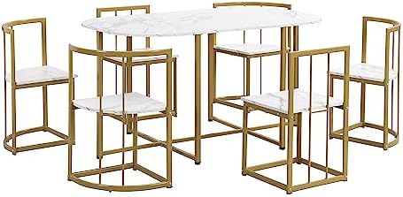 Metal 7 Piece Kitchen Dining Table Set with Chairs for Saving Space Metal Din...
