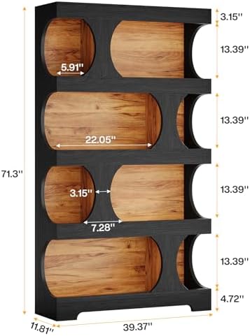 Tribesigns 71" Tall Black Bookcase, Modern Asymmetrical Bookshelf, 4-Tie...