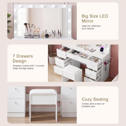 SweetGO 46" LED Lighted Makeup Vanity Desk, 7 Smooth-Glide Drawers, USB ...