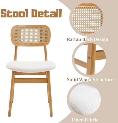 ROCITY Rattan Dining Chairs Set of 4 Beige Linen Fabric Dining Room Chairs Na...