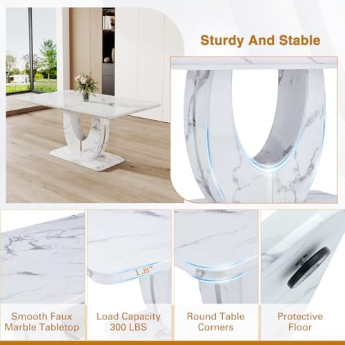 Modern Faux Marble Dining Table Set for 6, 63" White Rectangular Kitchen Table with Elegant U-Shaped Pedestal Base & 6 Tufted Upholstered High-Back Chairs, Luxury 7-Piece Dining Room Furniture Set