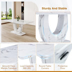 Modern Faux Marble Dining Table Set for 6, 63" White Rectangular Kitchen Table with Elegant U-Shaped Pedestal Base & 6 Tufted Upholstered High-Back Chairs, Luxury 7-Piece Dining Room Furniture Set