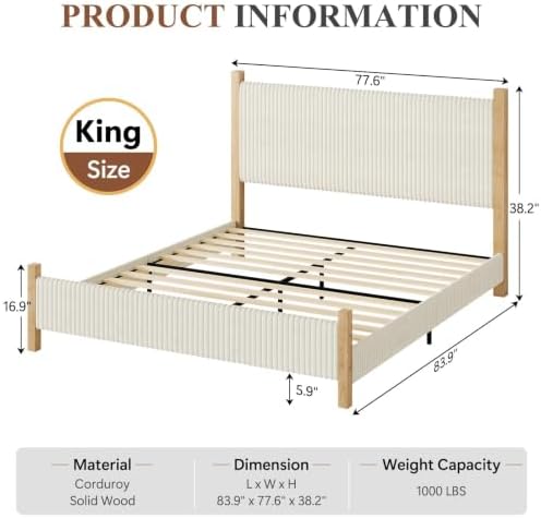 IMMERSTABLE King Bed Frame with Headboard, Upholstered Platform Bed, Beige