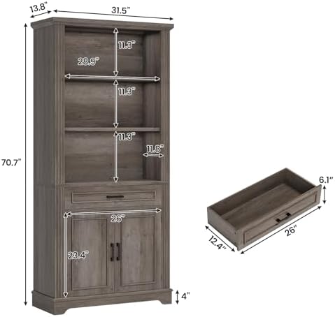 SEDETA Farmhouse Bookshelves and Bookcases with Doors, Drawer, Grey