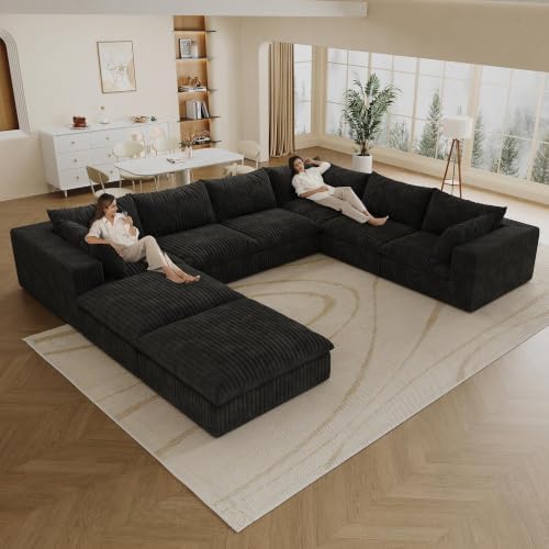 157.6" Corduroy U Shaped Modular Sectional Couch, Black | 8 Seater Overs...