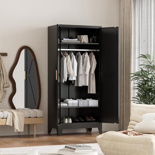 Washsemba 71'' Farmhouse Metal Wardrobe Cabinet with Hanging Rod, 2 B...