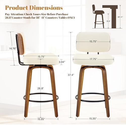 Counter Height Bar Stools Set of 3, 26+inch Swivel Faux Leather Barstool with...