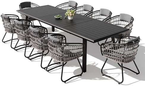 Pellebant 11 Piece Outdoor Dining Set for 10, Aluminum Table & Wicker Chair