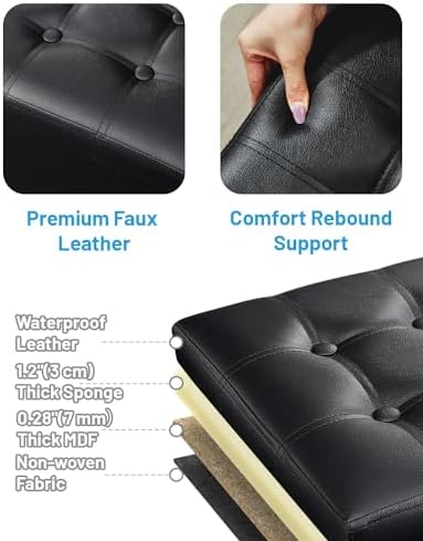 AmasSmile Ottoman with Storage,Folding Chest,17" Leather,Black 2 Pack