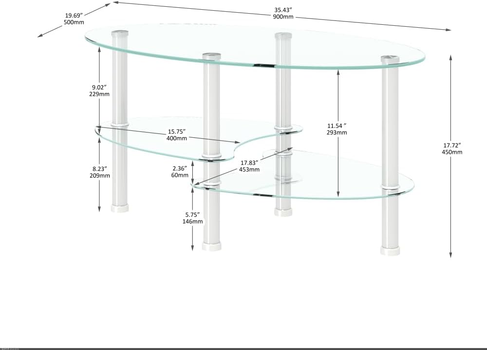 Transparent Oval Glass Coffee Table, Modern Table with Stainless Steel Leg, T...