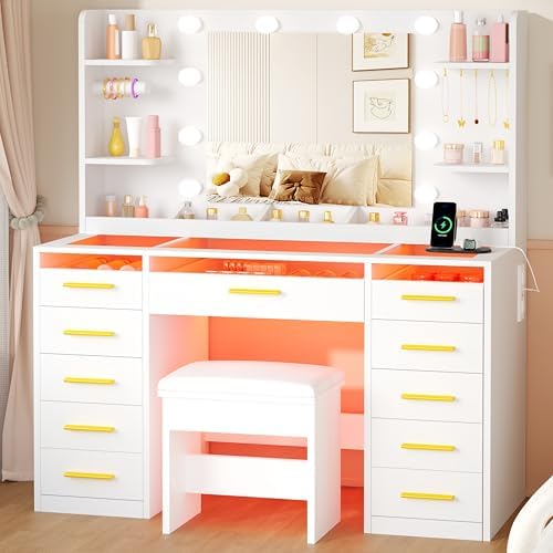 Large Makeup Vanity with Mirror and Lights, 11-Drawer RGB Vanity
