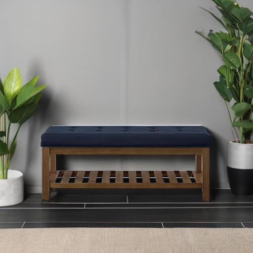 24KF Large Rectangular Upholstered Tufted Linen Fabric Ottoman Bench, Padded ...