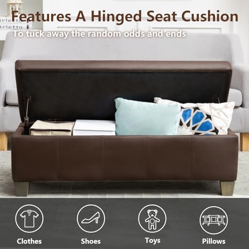 51 Inch Storage Ottoman, Storage Bench with Safety Hinge, Upholstered Synthet...