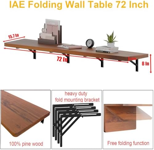 IAE Wall Mounted Folding Table with Pine Wood,72" x 16"Floating Wal...