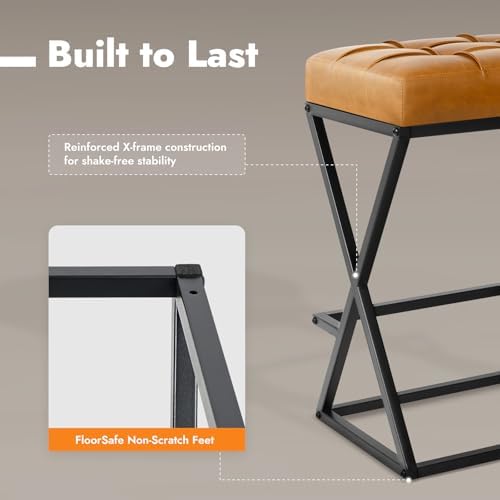 Bar Stools Set of 2, 26 Inch Counter Height Stool Faux Leather Brown | Backle...