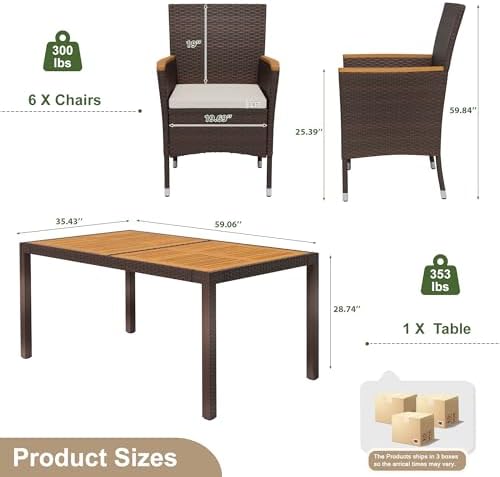 Devoko 7 PCS Acacia Wood Patio Dining Set, Brown Rattan