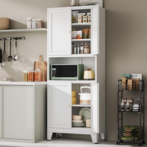 YAUWOH 69" Tall Metal Kitchen Pantry Cabinet with Microwave Shelf, 4 Doo...
