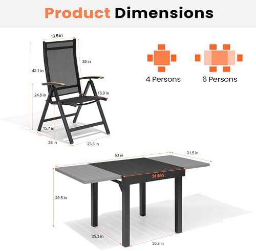Pellebant 7 Piece Outdoor Dining Set for 6, Aluminum Table & Foldable Chair