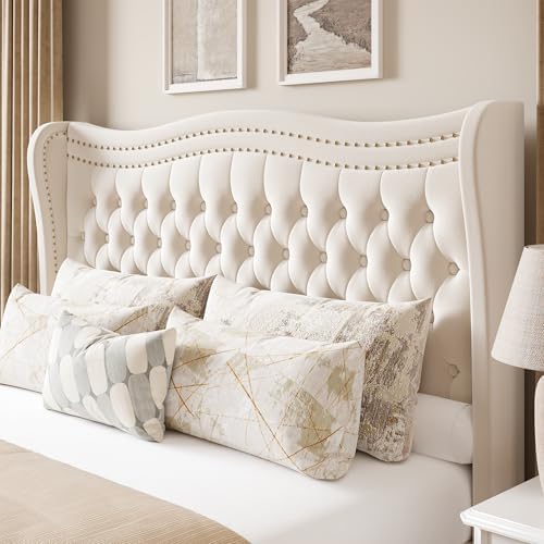 Upholstered King Size Bed Frame with Tall Headboard, Velvet Wingback Platform...
