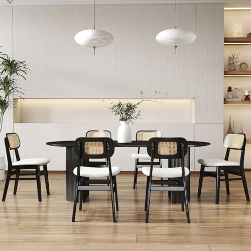 ROCITY Rattan Dining Chairs Set of 4 Black Wooden Dining Room Chairs White Fa...