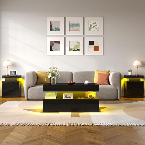 LUXOAK 3-Piece Modern Coffee Table Set with LED Lights | High-Gloss Finish, C...