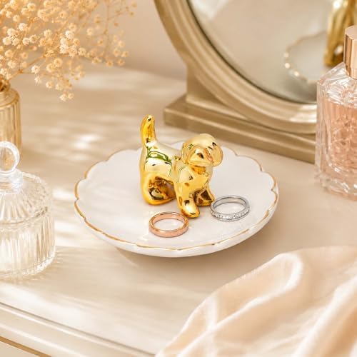 Ceramic Dog Ring Holder with White Dish,Ring Dish Trinket Tray for Rings,Earrings,Jewelry Organizer,Gifts for Women (Dog-B)