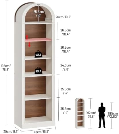 RALGEND Arched Bookshelf, 75.8" Tall Narrow Bookshelf, Arch Bookcase wit...
