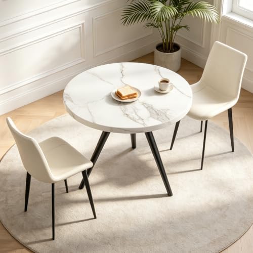 34.6" Round Dining Table Set for 2, Small Dining Room Set, White | Space...