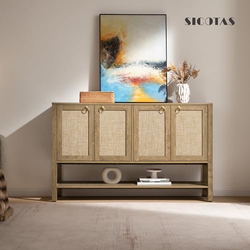 SICOTAS Boho Rattan 110" Long Sideboard Buffet Cabinet with Storage Doors